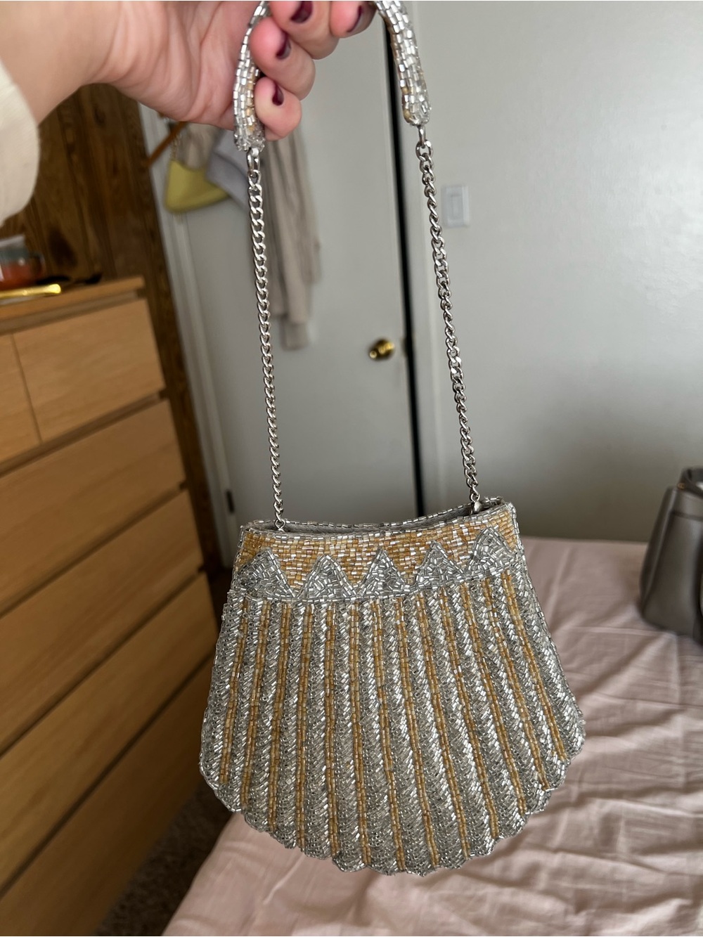 Zara Silver & Gold Beaded 🐚 Evening Clutch with Chain Strap - Picture 2 of 9